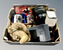 A box containing boxed vintage Star Wars mugs and Return of the Jedi annuals, vintage cameras,