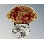A Royal Crown Derby birds of paradise tureen stand on maroon ground together with a further Royal