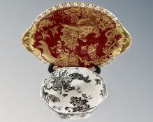 A Royal Crown Derby birds of paradise tureen stand on maroon ground together with a further Royal