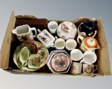 A box of Ringtons Maling teapot and water jug, Maling dishes, ginger jar, commemorative beakers,