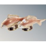Two Royal Crown Derby golden carp paperweights, one with silver stopper.