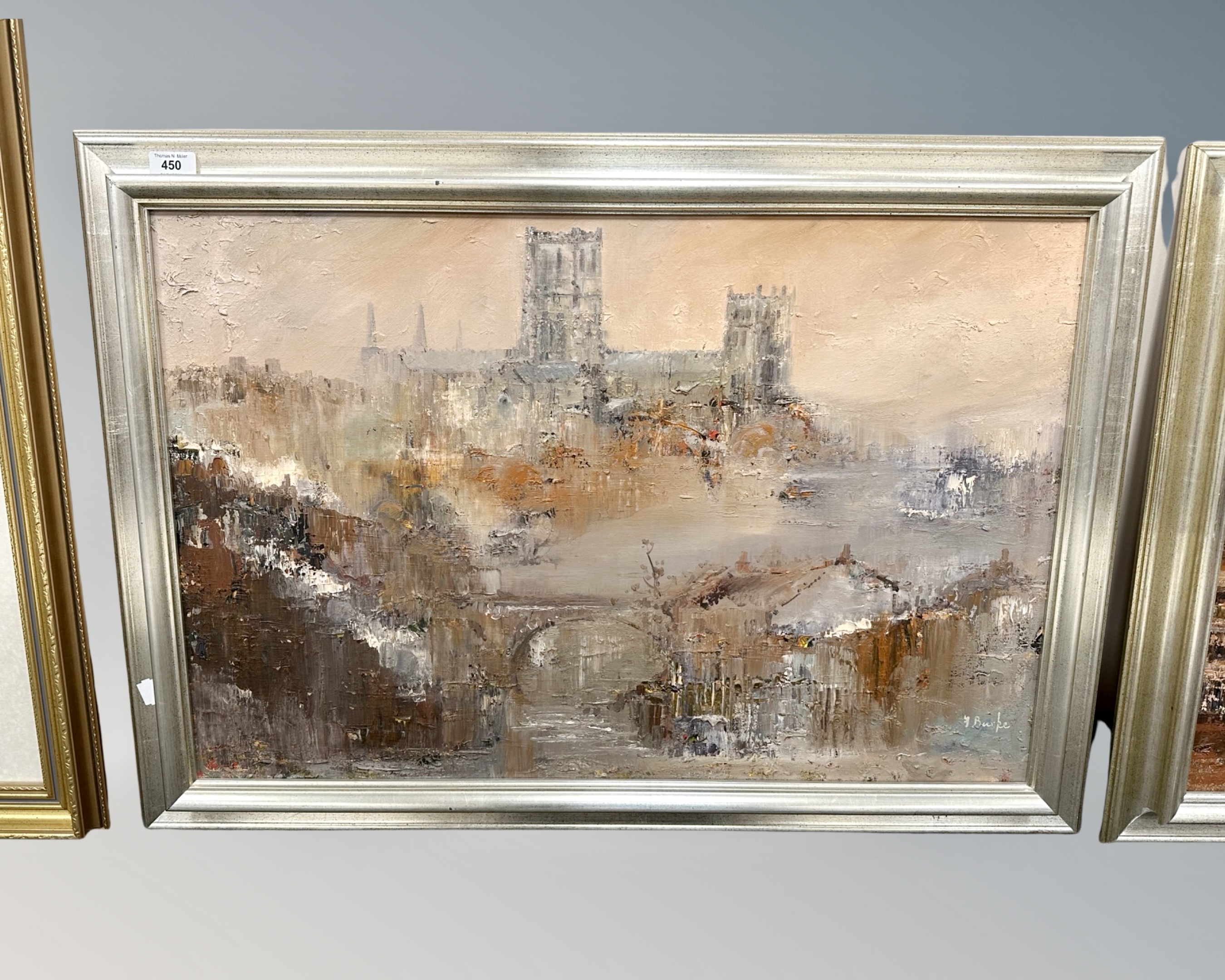 Frank Burke (British Contemporary) : Elvet bridge with Durham Cathedral beyond, oil on canvas,