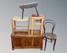 An oak blanket box, a bentwood chair, antique pine cracket and two further stools.