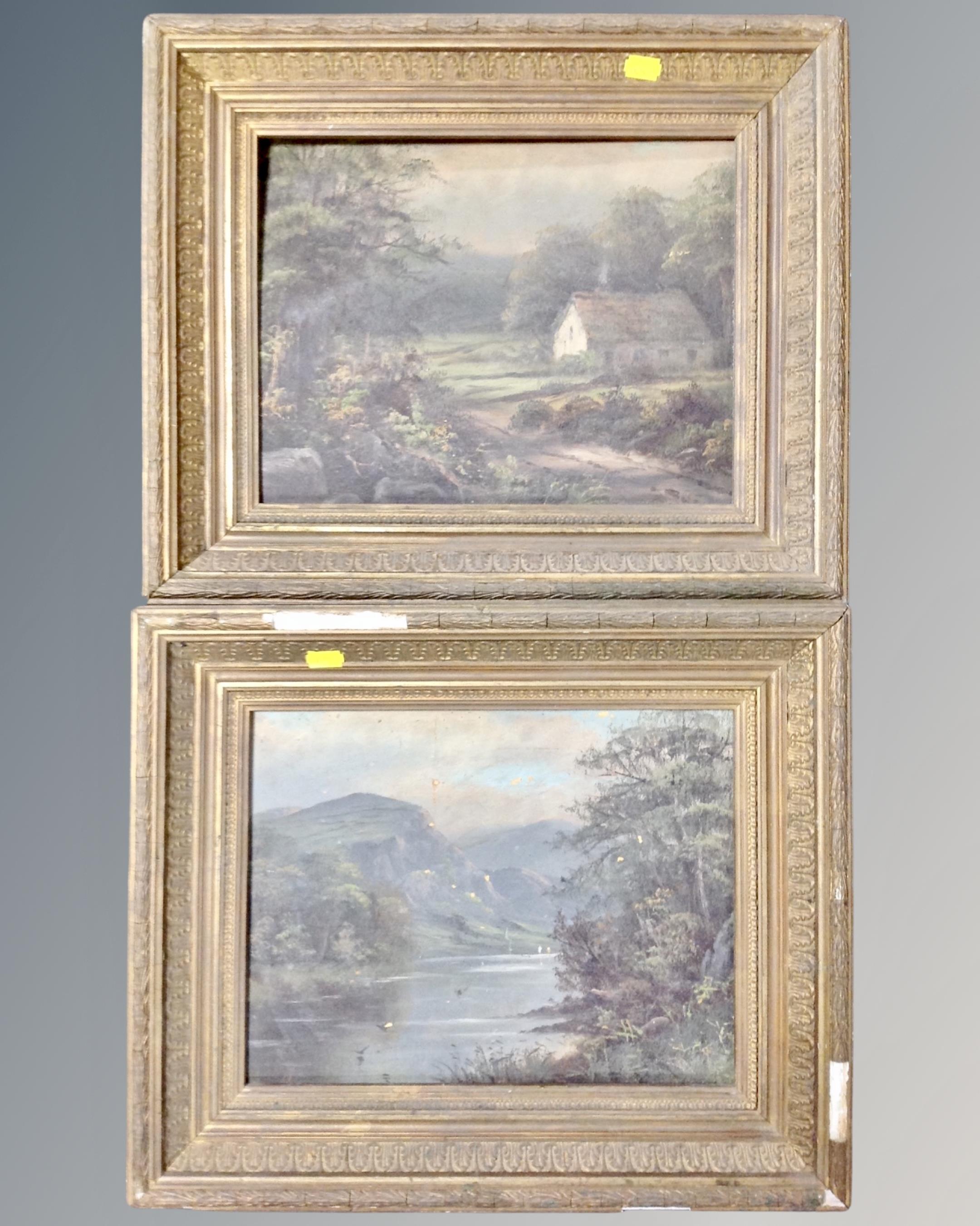 19th century school : River scene and Cottage in a wooded landscape, oil on canvas.