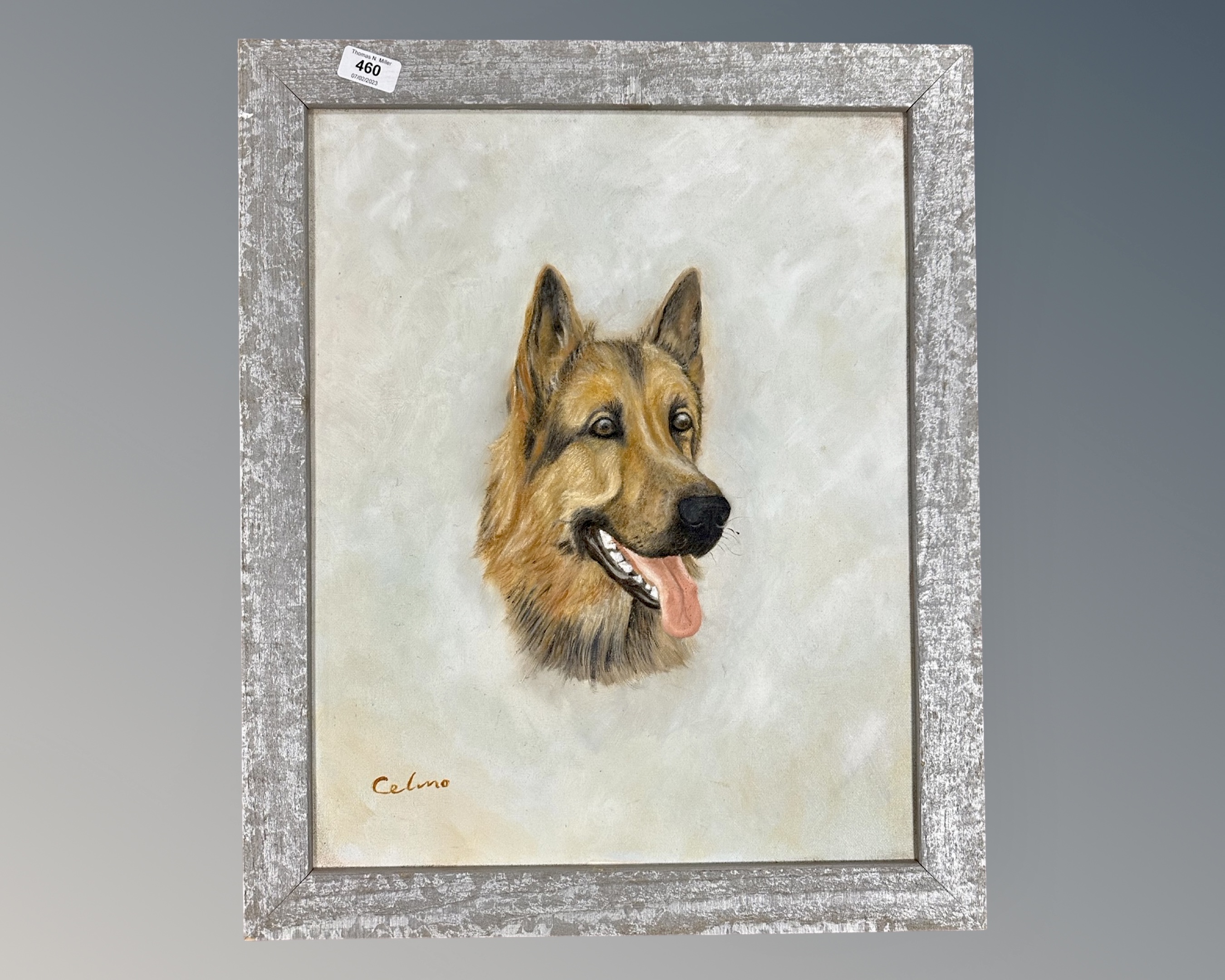 A 20th century oil on canvas of an Alsatian, 39 cm x 49 cm.