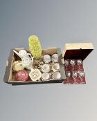 A box of champagne glasses, pottery soup bowls, glass,