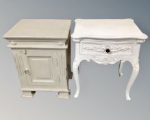 A French style white painted bedside table fitted with a drawer together with a further bedside