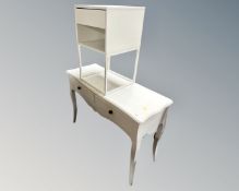 A contemporary white two drawer hall table (width 110cm) together with a bedside table.