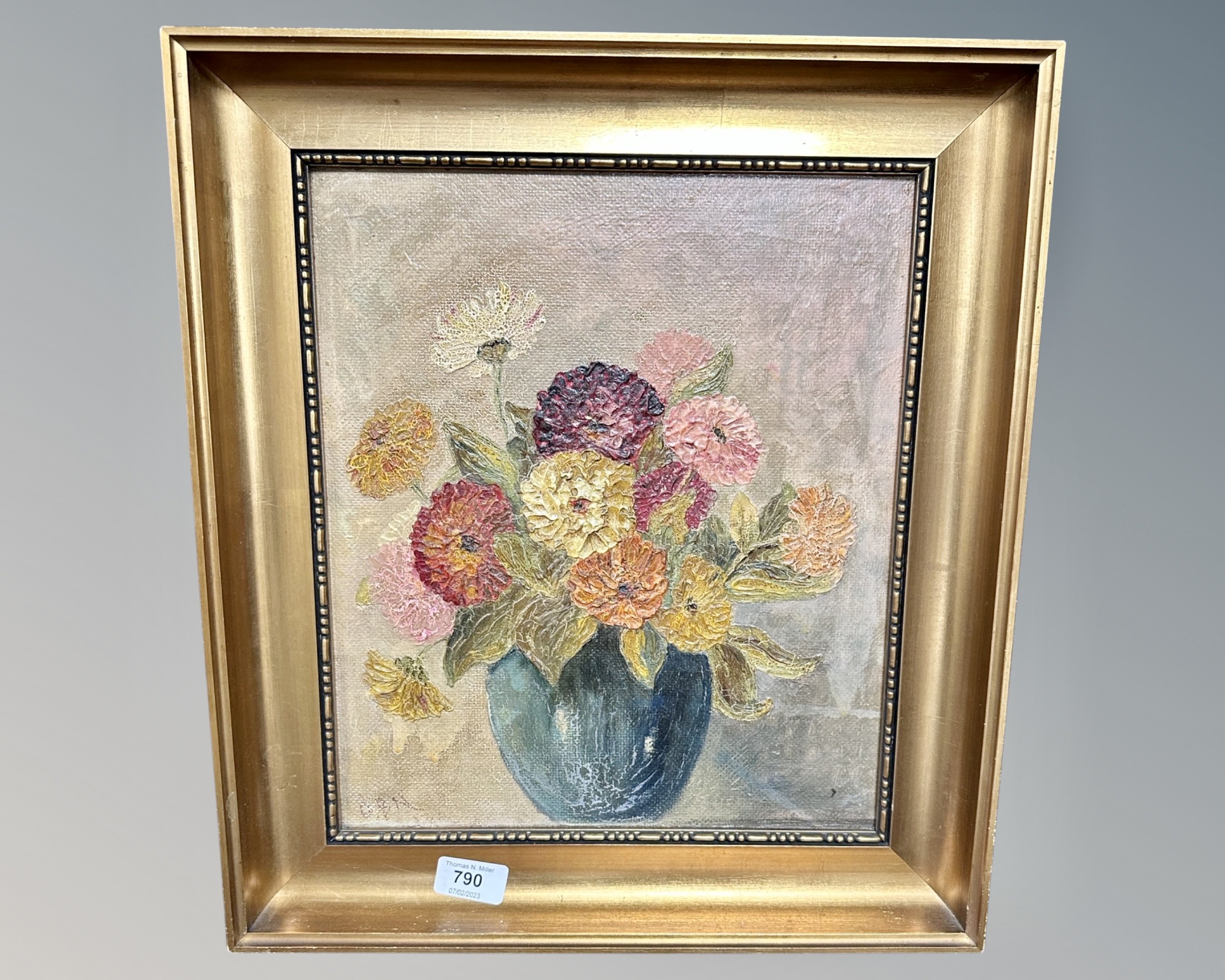 Continental School : Still life with flowers in a vase, oil on board, 29cm by 34cm.