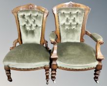 A pair of Victorian lady's and gents walnut framed armchairs in green dralon upholstery.