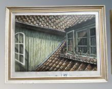 Kristian Jensen : A pan tiled rooftop, pastel drawing, 42cm by 30cm.