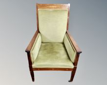 A late 19th century inlaid mahogany salon chair in cream upholstery.