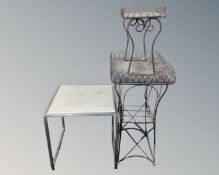 A metal framed lamp table together with a wire metal two tier stand.