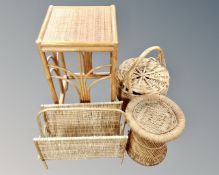 A group of wicker ware including magazine rack, stool, basket,