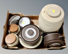 A box containing stoneware, kitchenware including storage jars, lidded cooking pots etc.