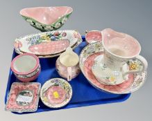 A tray of Maling pink lustre china