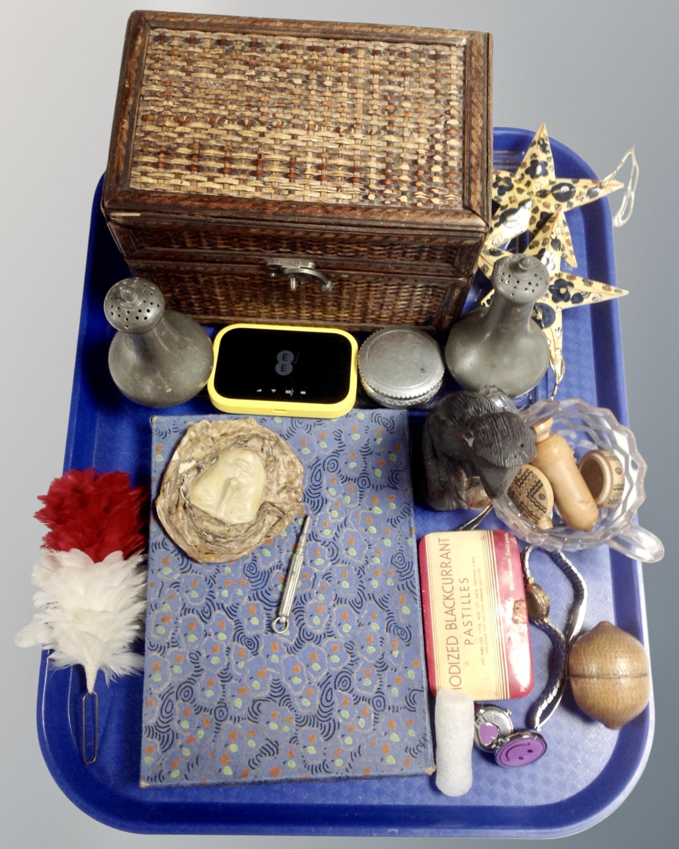 A tray of Fostoria American patterned glass dressing table tray and contents including treen