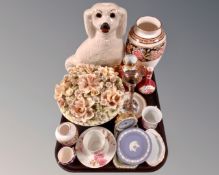 A tray of assorted ceramics, antique Staffordshire dog, Italian china flower encrusted bowl,