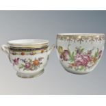 A Dresden floral painted porcelain pot, height 16 cm together with a further twin handled pot.