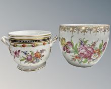 A Dresden floral painted porcelain pot, height 16 cm together with a further twin handled pot.