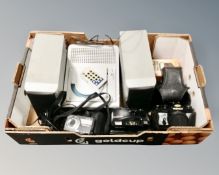 A box containing assorted electricals including CD player, cameras including Yashica, Olympus etc.