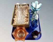 A tray of boxed Capri flower vase, further glass including Carnival glass bowl,