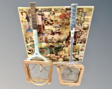 A collage decorated folding table together with two vintage tennis rackets