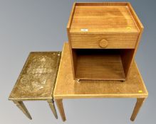 A teak effect bedside stand, a coffee table and a further gilt low table.