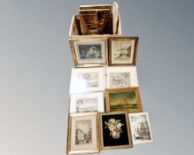 A box containing assorted pictures and prints, landscapes, hand coloured engravings etc.