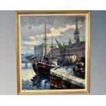 P. Clair : Boats in a harbour, oil on canvas, 65cm by 75cm.