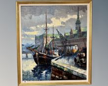 P. Clair : Boats in a harbour, oil on canvas, 65cm by 75cm.