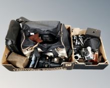 A box containing a collection of assorted cameras and accessories, a vintage box camera, Fujica etc.