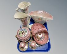 A tray of Maling pink lustre china