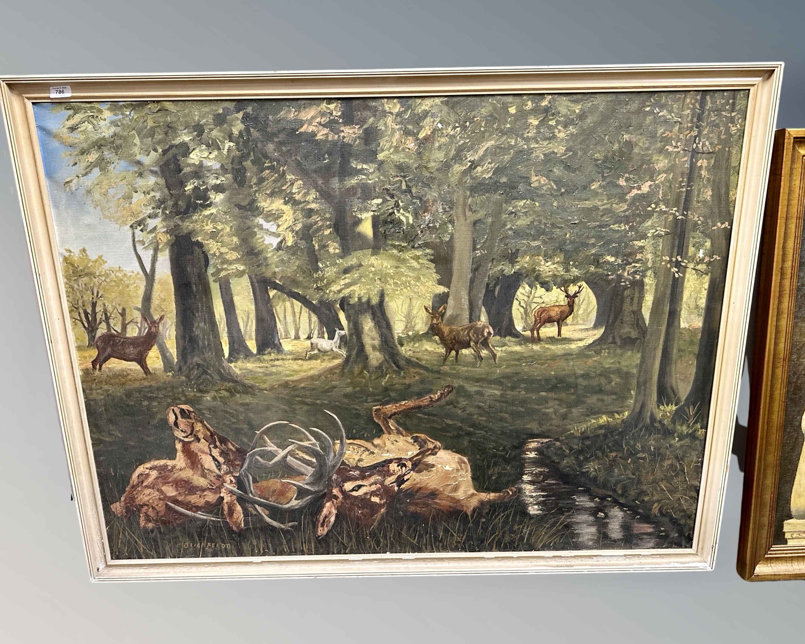 Continental School : Deer in woodland, oil on canvas, 135cm by 100cm.