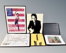 A group of framed pictures including Bruce Springsteen Born in the USA tour poster,