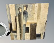 Contemporary school : Two figures, oil on canvas, 100cm by 100cm.