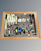 A pine framed mirror inspired by L. S. Lowry, 66cm by 51cm.