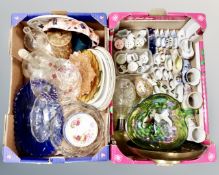 Two boxes of crested china shoes and shaving mugs, glass decanters,