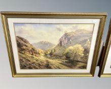 After Rex Preston : Valley landscape with sheep, colour print, 73cm by 50cm.
