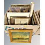 A box of Continental framed and un-framed pictures and prints, painting on glass depicting a ship,