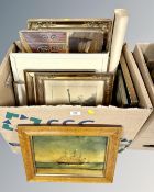 A box of Continental framed and un-framed pictures and prints, painting on glass depicting a ship,