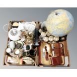 Two boxes containing a globe, plated goblets, brassware, ceramics,