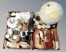 Two boxes containing a globe, plated goblets, brassware, ceramics,