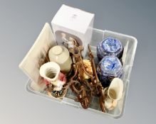 A box of pair of metal candle sconces, cottage tea pot, Toby Jug,