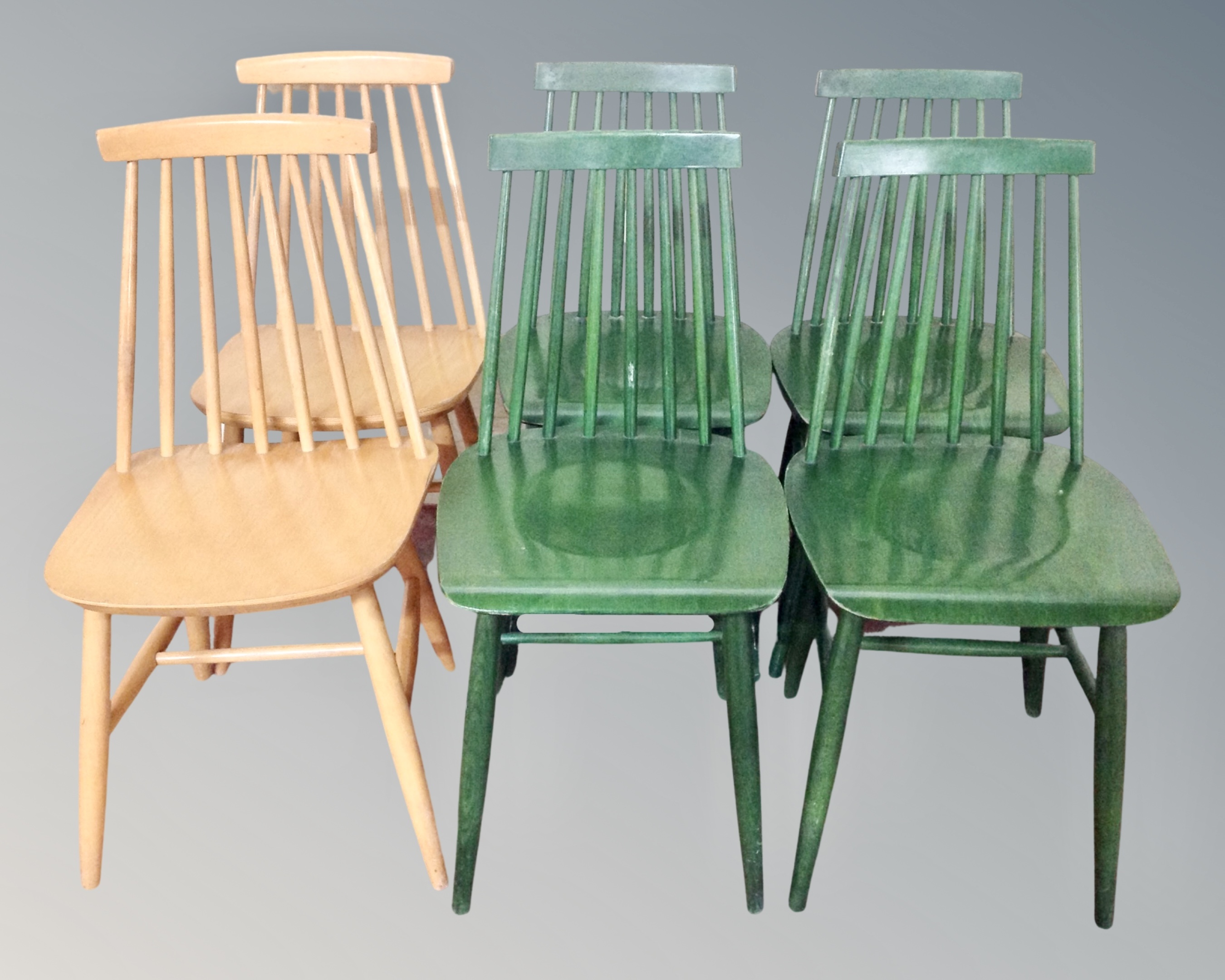 A set of six beech stickback dining chairs, four painted.