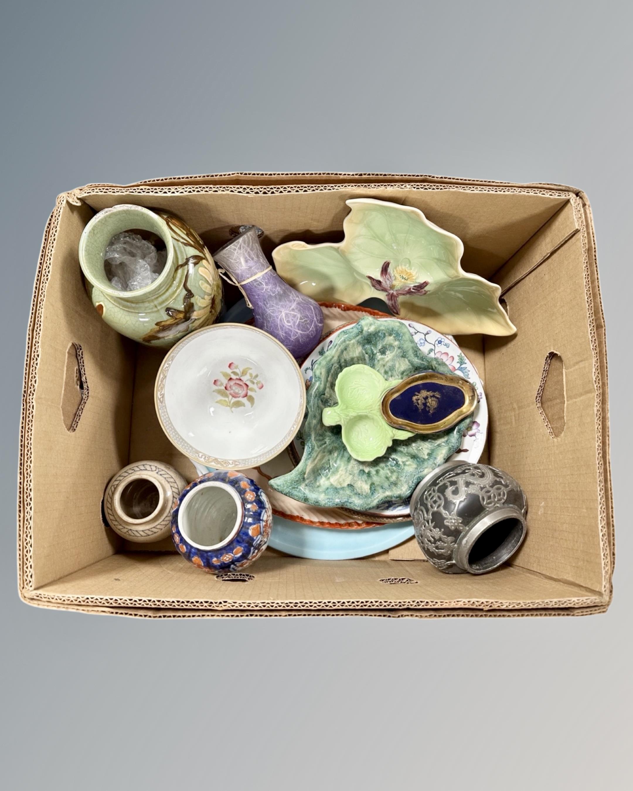 A box of ceramics including Oriental pewter mounted jar, Imari vase, assorted English porcelain,