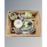 A box of ceramics including Oriental pewter mounted jar, Imari vase, assorted English porcelain,