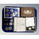 A tray containing Indian bone inlaid trinket box together with British coins including United