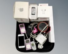 A tray of Apple iPhone model A1457, three iPods, vintage Samsung and Nokia mobile phones,