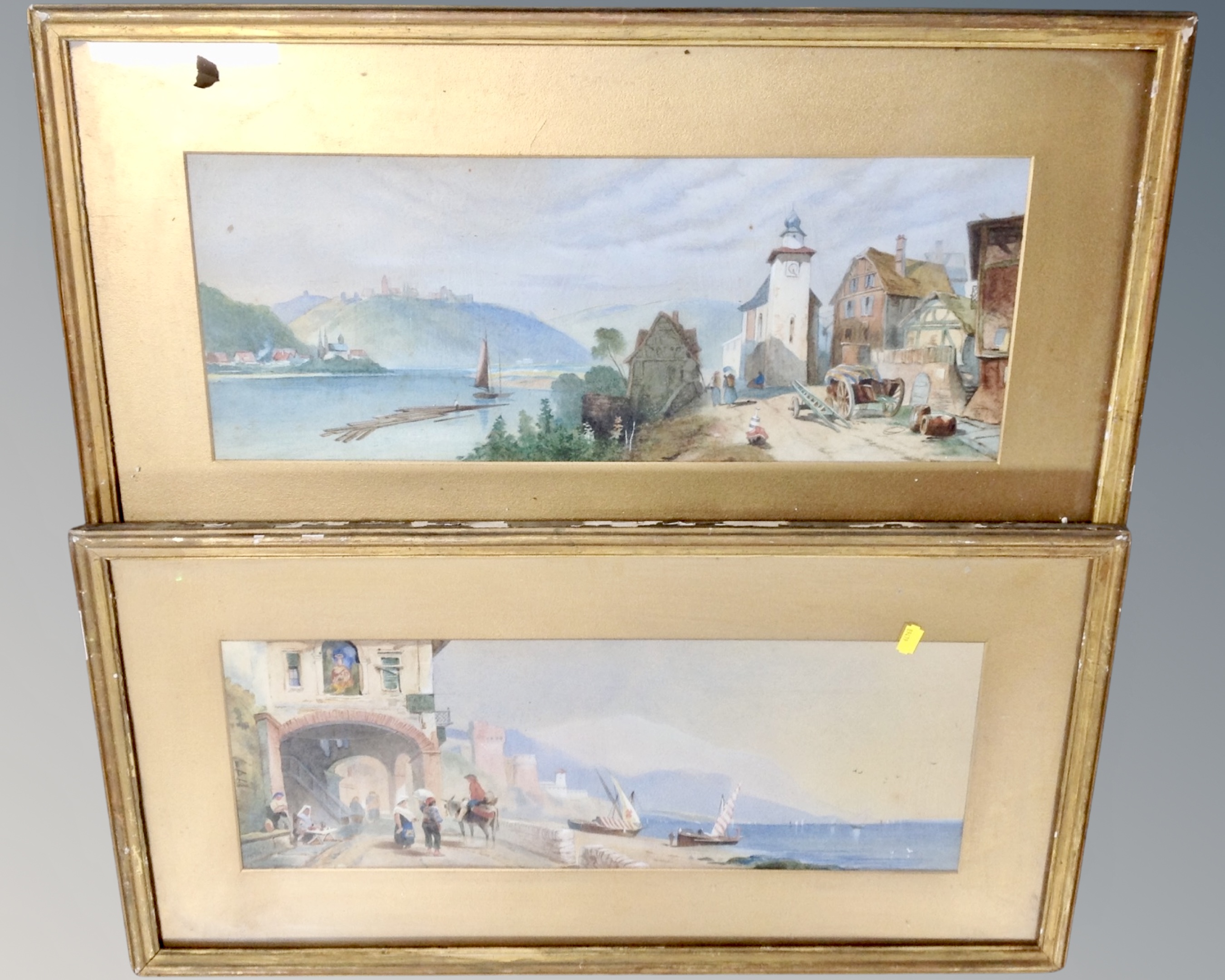 Late 19th century school : European lake scenes, watercolour, one signed by Childs, 59cm by 21cm.